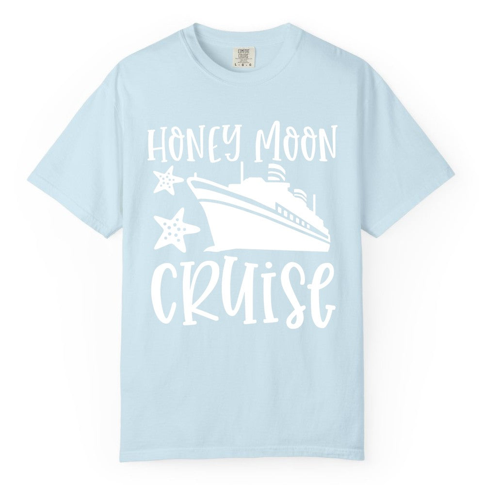Honeymoon Cruise Shirt - Just Married Vacation Apparel for Couples (Comfort Color) in Chambray - Honeymoon Cruise Shirt - Nautical Ship and Starfish Newlywed Design