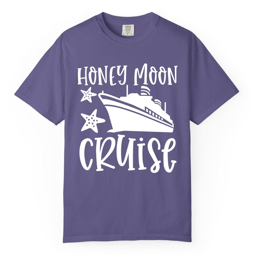 Honeymoon Cruise Shirt - Just Married Vacation Apparel for Couples (Comfort Color) in Grape - Honeymoon Cruise Shirt - Nautical Ship and Starfish Newlywed Design