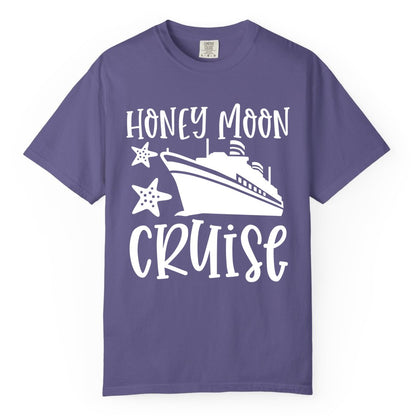 Honeymoon Cruise Shirt - Just Married Vacation Apparel for Couples (Comfort Color) in Grape - Honeymoon Cruise Shirt - Nautical Ship and Starfish Newlywed Design