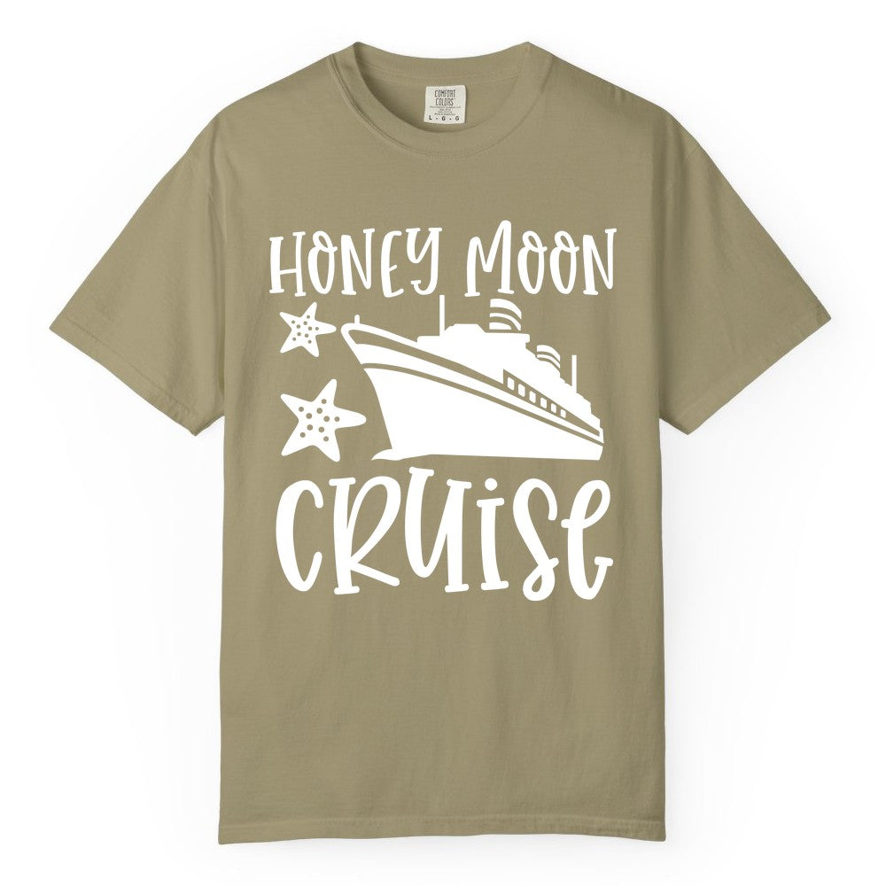 Honeymoon Cruise Shirt - Just Married Vacation Apparel for Couples (Comfort Color) in Khaki - Honeymoon Cruise Shirt - Nautical Ship and Starfish Newlywed Design