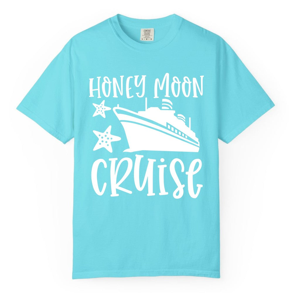 Honeymoon Cruise Shirt - Just Married Vacation Apparel for Couples (Comfort Color) in Lagoon Blue - Honeymoon Cruise Shirt - Nautical Ship and Starfish Newlywed Design