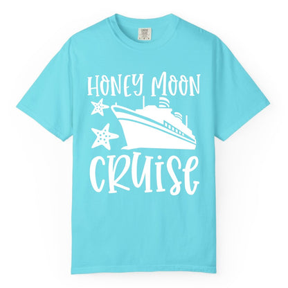 Honeymoon Cruise Shirt - Just Married Vacation Apparel for Couples (Comfort Color) in Lagoon Blue - Honeymoon Cruise Shirt - Nautical Ship and Starfish Newlywed Design