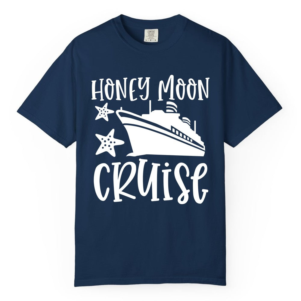 Honeymoon Cruise Shirt - Just Married Vacation Apparel for Couples (Comfort Color) in Navy - Honeymoon Cruise Shirt - Nautical Ship and Starfish Newlywed Design