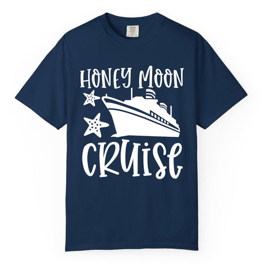 Honeymoon Cruise Shirt - Just Married Vacation Apparel for Couples (Comfort Color) in Navy - Honeymoon Cruise Shirt - Nautical Ship and Starfish Newlywed Design