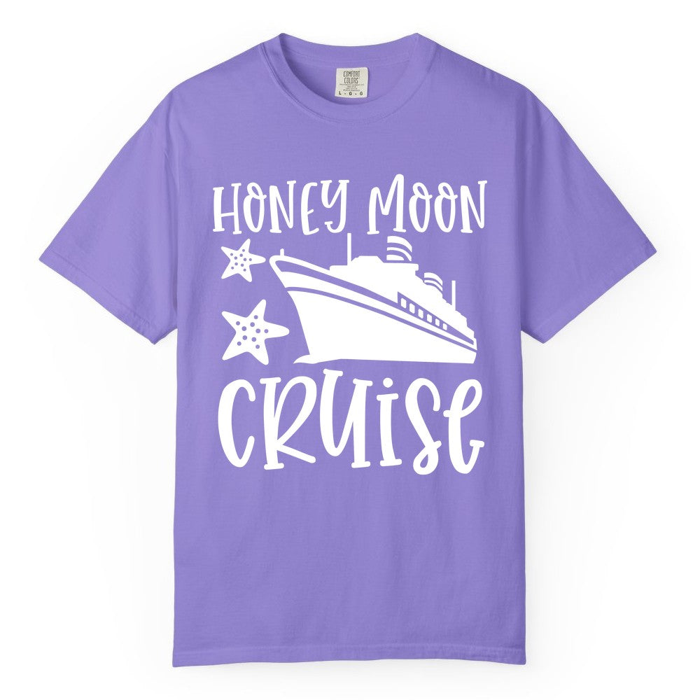 Honeymoon Cruise Shirt - Just Married Vacation Apparel for Couples (Comfort Color) in Violet - Honeymoon Cruise Shirt - Nautical Ship and Starfish Newlywed Design
