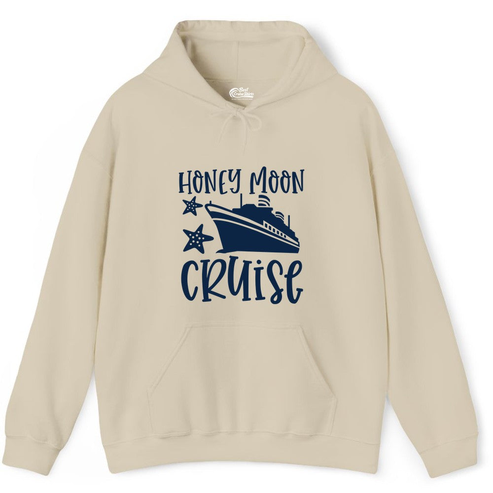 Honeymoon Cruise Shirt - Just Married Vacation Apparel for Couples (Hoodie) in Sand - Honeymoon Cruise Shirt - Nautical Ship and Starfish Newlywed Design