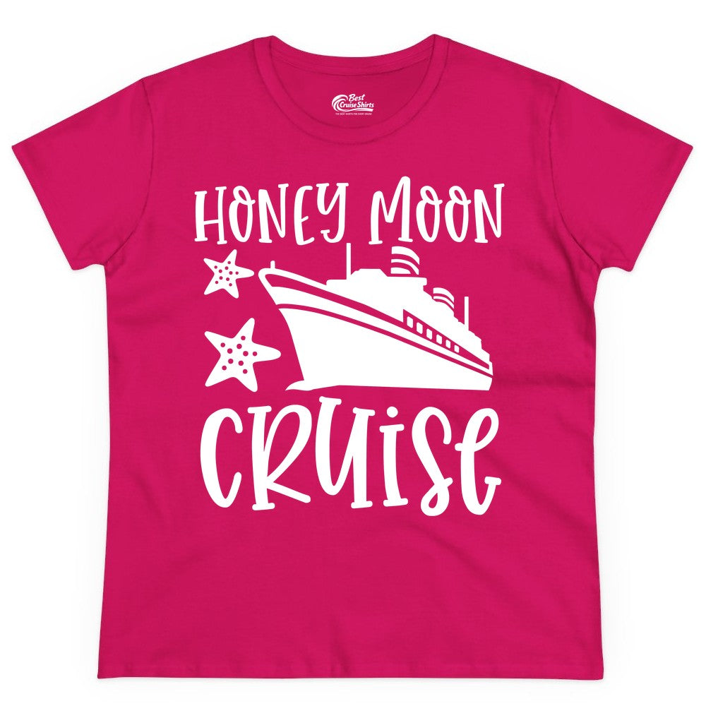Honeymoon Cruise Shirt - Just Married Vacation Apparel for Couples (Ladies Tee) in Heliconia - Honeymoon Cruise Shirt - Nautical Ship and Starfish Newlywed Design