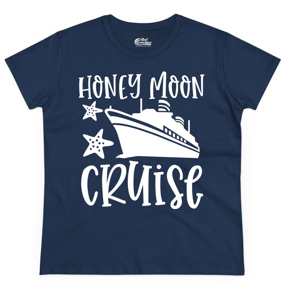 Honeymoon Cruise Shirt - Just Married Vacation Apparel for Couples (Ladies Tee) in Navy - Honeymoon Cruise Shirt - Nautical Ship and Starfish Newlywed Design