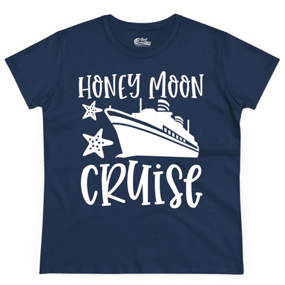 Honeymoon Cruise Shirt - Just Married Vacation Apparel for Couples (Ladies Tee) in Navy - Honeymoon Cruise Shirt - Nautical Ship and Starfish Newlywed Design