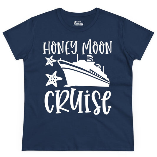 Honeymoon Cruise Shirt - Just Married Vacation Apparel for Couples (Ladies Tee) in Navy - Honeymoon Cruise Shirt - Nautical Ship and Starfish Newlywed Design