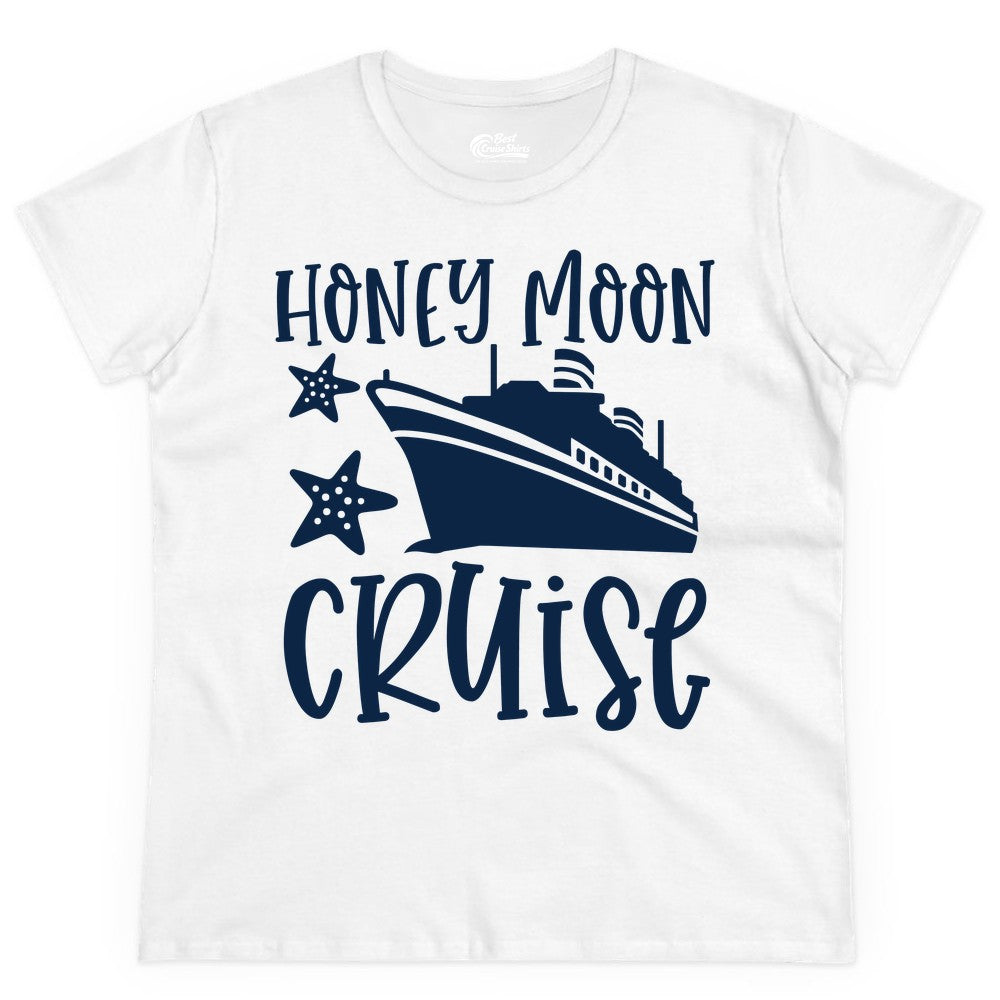 Honeymoon Cruise Shirt - Just Married Vacation Apparel for Couples (Ladies Tee) in White - Honeymoon Cruise Shirt - Nautical Ship and Starfish Newlywed Design