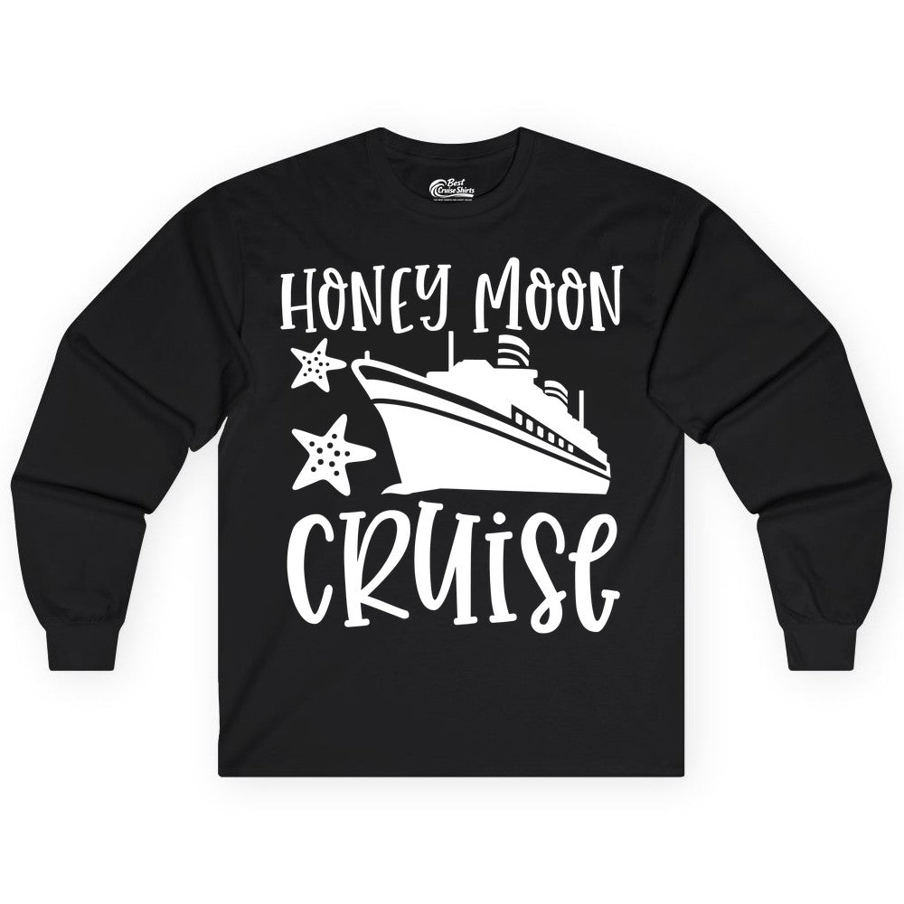 Honeymoon Cruise Shirt - Just Married Vacation Apparel for Couples (Long Sleeve) in Black - Honeymoon Cruise Shirt - Nautical Ship and Starfish Newlywed Design
