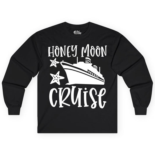 Honeymoon Cruise Shirt - Just Married Vacation Apparel for Couples (Long Sleeve) in Black - Honeymoon Cruise Shirt - Nautical Ship and Starfish Newlywed Design
