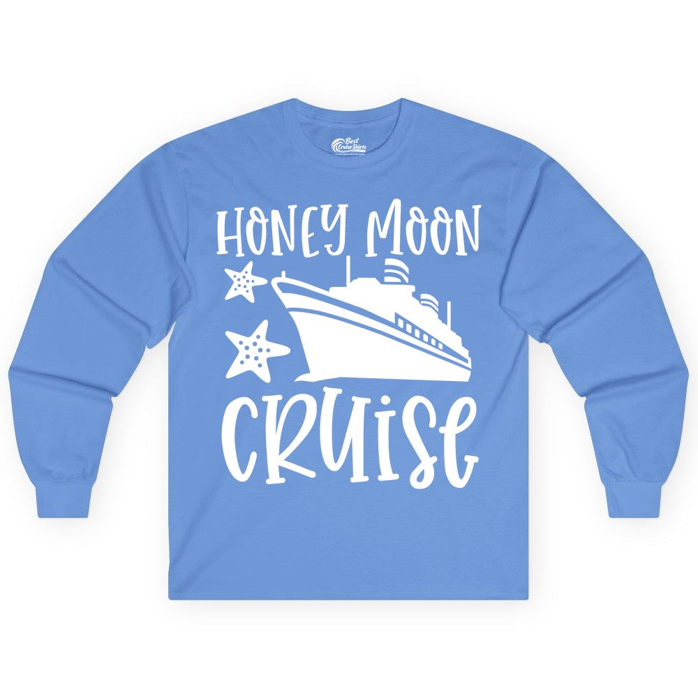 Honeymoon Cruise Shirt - Just Married Vacation Apparel for Couples (Long Sleeve) in Carolina Blue - Honeymoon Cruise Shirt - Nautical Ship and Starfish Newlywed Design