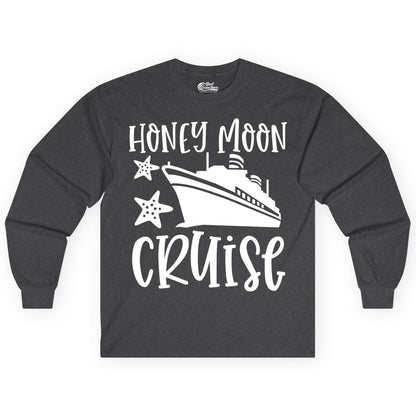 Honeymoon Cruise Shirt - Just Married Vacation Apparel for Couples (Long Sleeve) in Dark Heather - Honeymoon Cruise Shirt - Nautical Ship and Starfish Newlywed Design