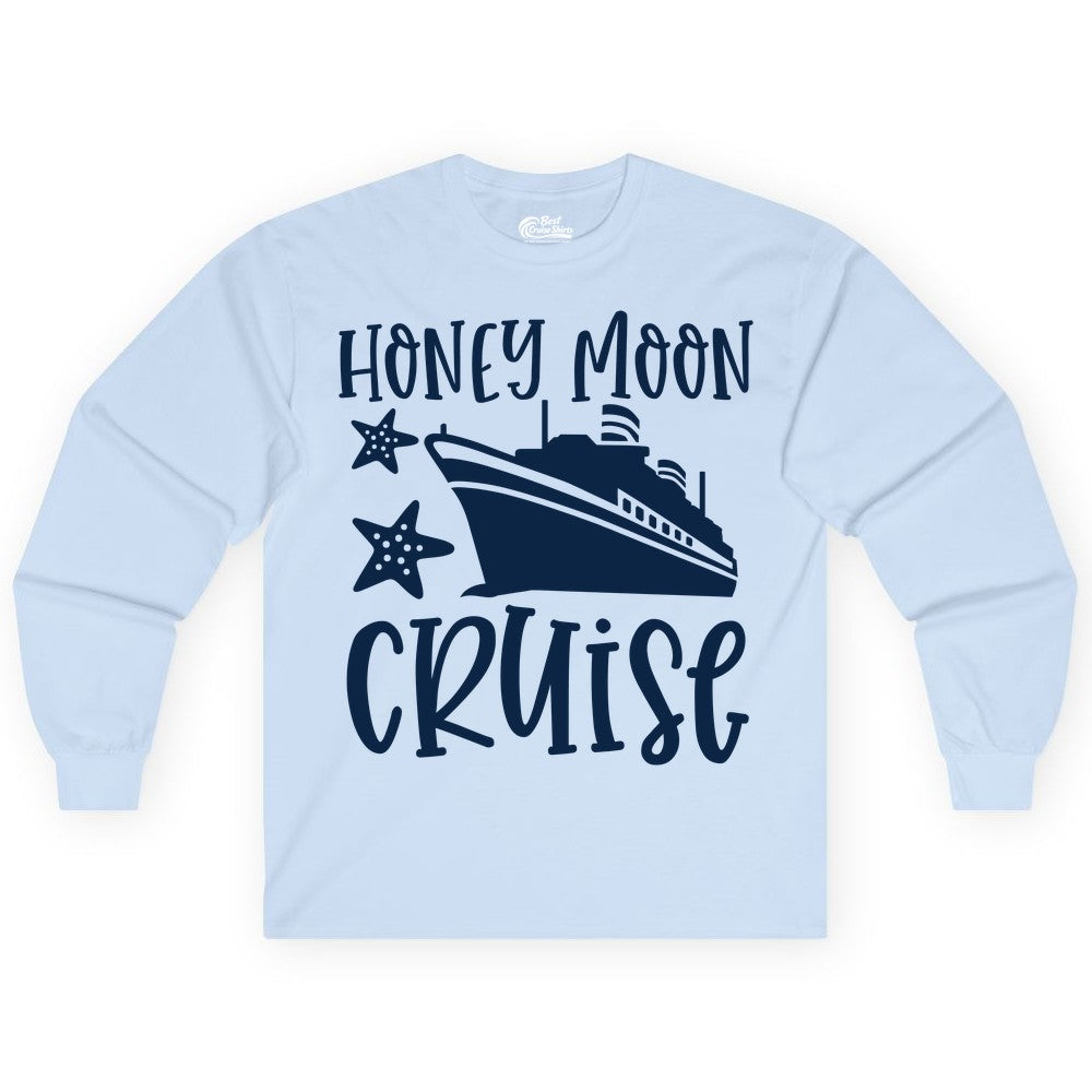 Honeymoon Cruise Shirt - Just Married Vacation Apparel for Couples (Long Sleeve) in Light Blue - Honeymoon Cruise Shirt - Nautical Ship and Starfish Newlywed Design