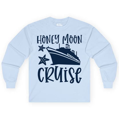 Honeymoon Cruise Shirt - Just Married Vacation Apparel for Couples (Long Sleeve) in Light Blue - Honeymoon Cruise Shirt - Nautical Ship and Starfish Newlywed Design