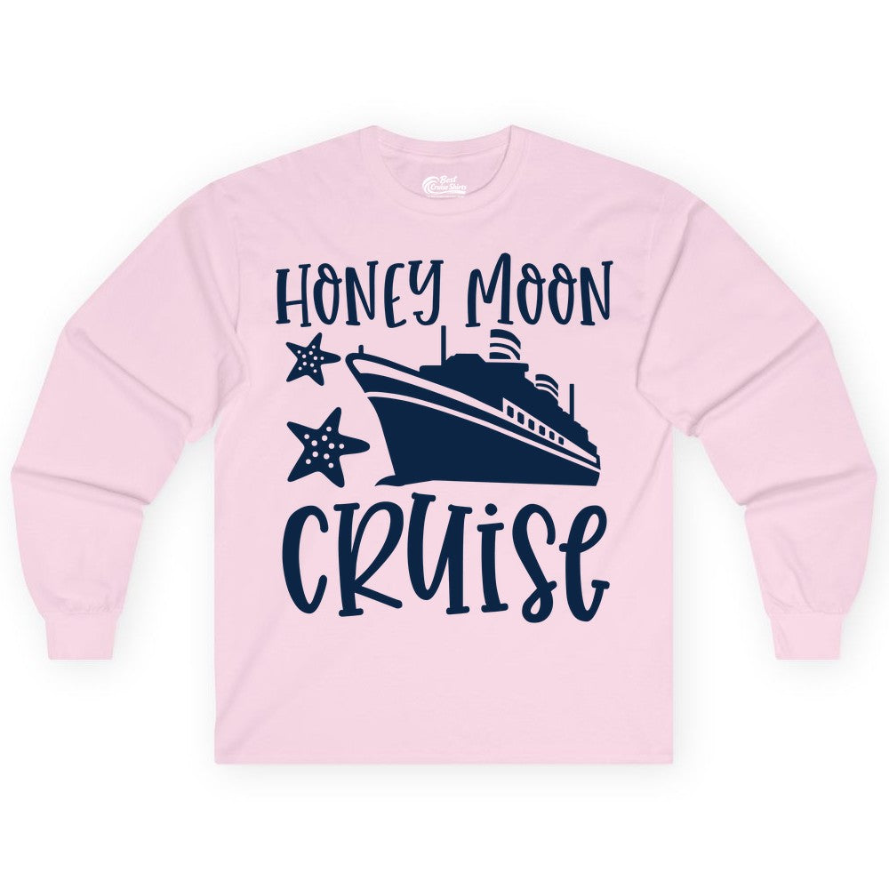 Honeymoon Cruise Shirt - Just Married Vacation Apparel for Couples (Long Sleeve) in Light Pink - Honeymoon Cruise Shirt - Nautical Ship and Starfish Newlywed Design