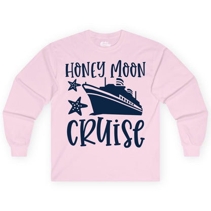Honeymoon Cruise Shirt - Just Married Vacation Apparel for Couples (Long Sleeve) in Light Pink - Honeymoon Cruise Shirt - Nautical Ship and Starfish Newlywed Design