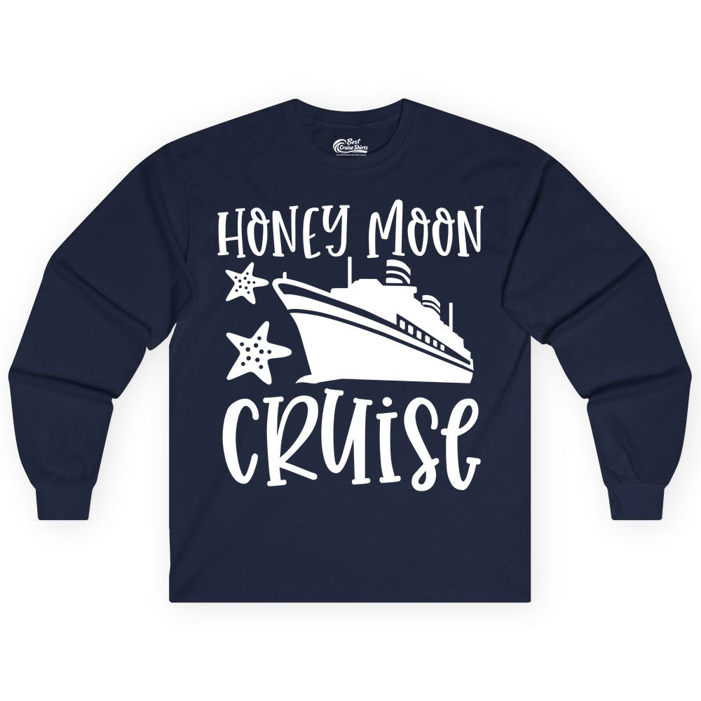 Honeymoon Cruise Shirt - Just Married Vacation Apparel for Couples (Long Sleeve) in Navy - Honeymoon Cruise Shirt - Nautical Ship and Starfish Newlywed Design