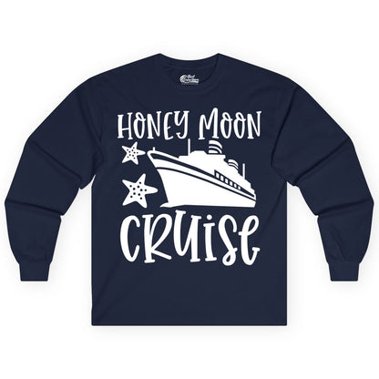 Honeymoon Cruise Shirt - Just Married Vacation Apparel for Couples (Long Sleeve) in Navy - Honeymoon Cruise Shirt - Nautical Ship and Starfish Newlywed Design