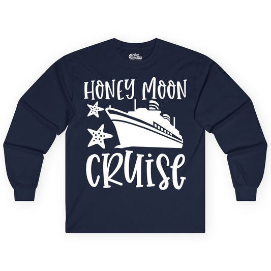 Honeymoon Cruise Shirt - Just Married Vacation Apparel for Couples (Long Sleeve) in Navy - Honeymoon Cruise Shirt - Nautical Ship and Starfish Newlywed Design