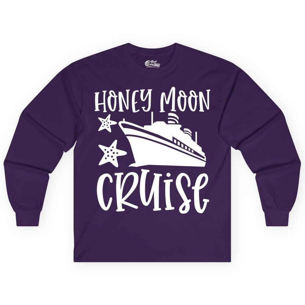 Honeymoon Cruise Shirt - Just Married Vacation Apparel for Couples (Long Sleeve) in Purple - Honeymoon Cruise Shirt - Nautical Ship and Starfish Newlywed Design