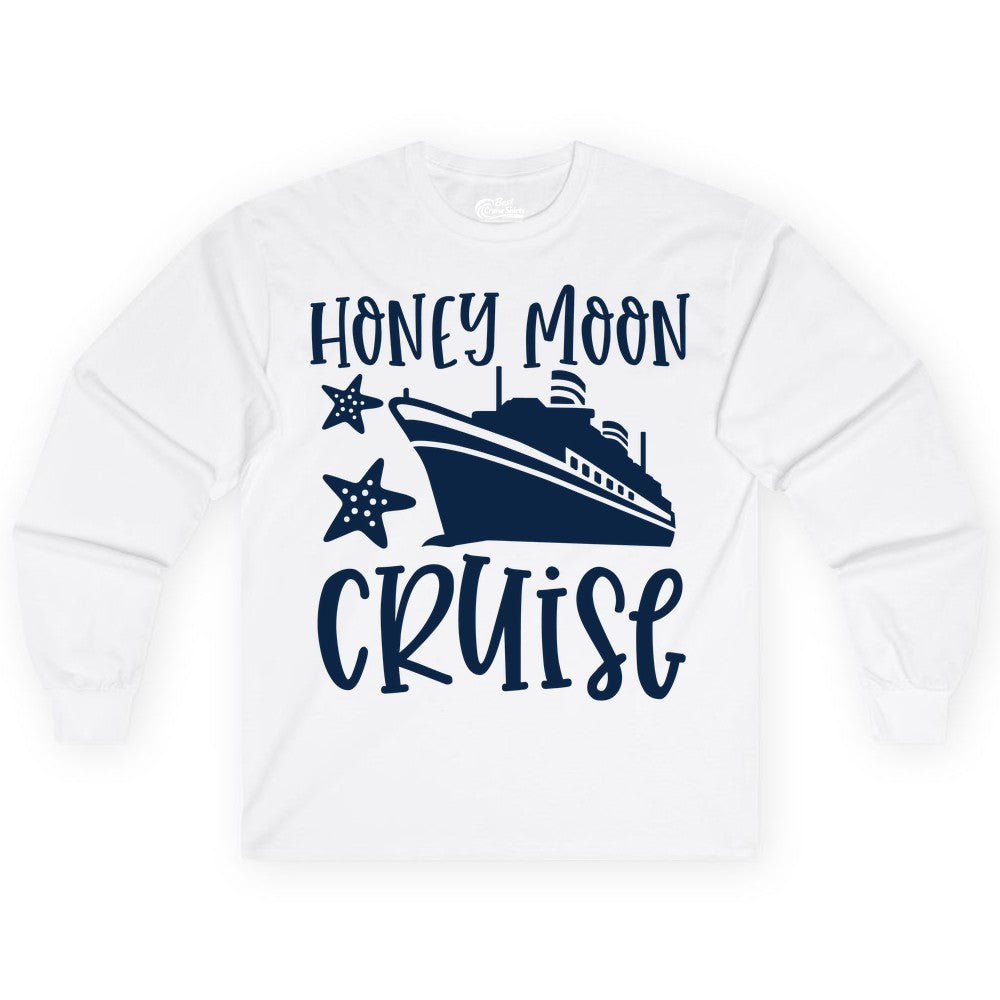 Honeymoon Cruise Shirt - Just Married Vacation Apparel for Couples (Long Sleeve) in White - Honeymoon Cruise Shirt - Nautical Ship and Starfish Newlywed Design