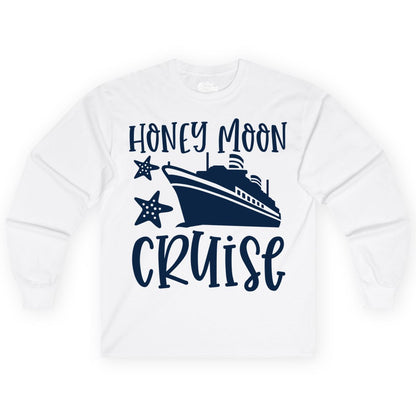 Honeymoon Cruise Shirt - Just Married Vacation Apparel for Couples (Long Sleeve) in White - Honeymoon Cruise Shirt - Nautical Ship and Starfish Newlywed Design