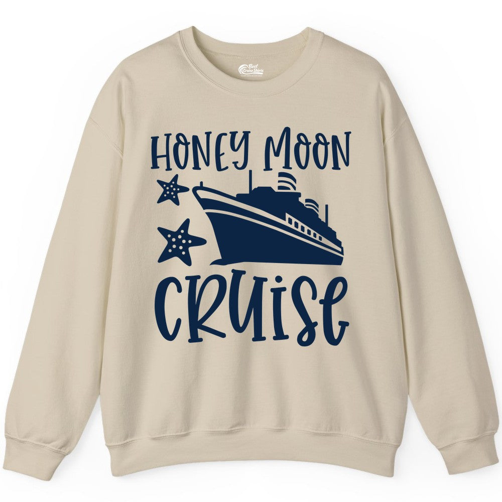 Honeymoon Cruise Shirt - Just Married Vacation Apparel for Couples (Sweatshirt) in Sand - Honeymoon Cruise Shirt - Nautical Ship and Starfish Newlywed Design
