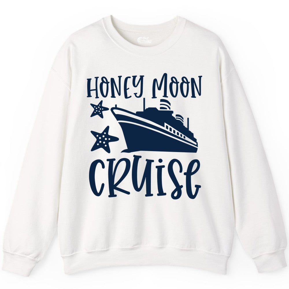 Honeymoon Cruise Shirt - Just Married Vacation Apparel for Couples (Sweatshirt) in White - Honeymoon Cruise Shirt - Nautical Ship and Starfish Newlywed Design