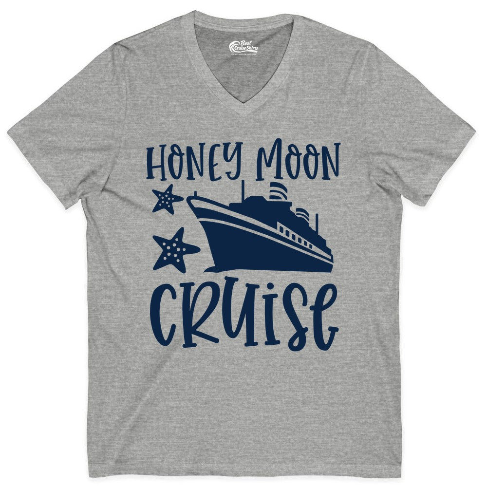 Honeymoon Cruise Shirt - Just Married Vacation Apparel for Couples (V-Neck) in Athletic Heather - Honeymoon Cruise Shirt - Nautical Ship and Starfish Newlywed Design