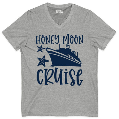 Honeymoon Cruise Shirt - Just Married Vacation Apparel for Couples (V-Neck) in Athletic Heather - Honeymoon Cruise Shirt - Nautical Ship and Starfish Newlywed Design