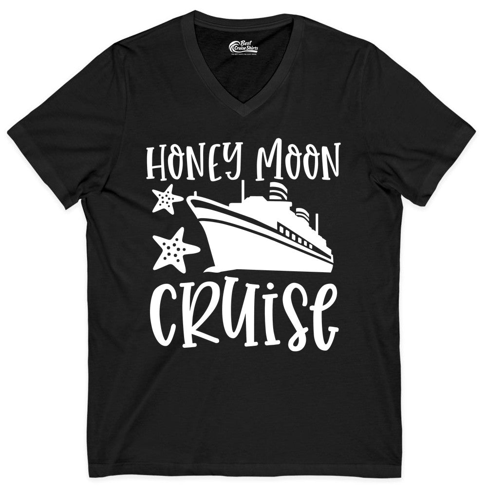 Honeymoon Cruise Shirt - Just Married Vacation Apparel for Couples (V-Neck) in Black - Honeymoon Cruise Shirt - Nautical Ship and Starfish Newlywed Design