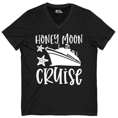 Honeymoon Cruise Shirt - Just Married Vacation Apparel for Couples (V-Neck) in Black - Honeymoon Cruise Shirt - Nautical Ship and Starfish Newlywed Design