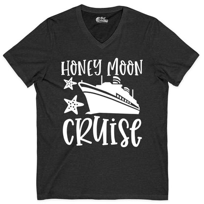 Honeymoon Cruise Shirt - Just Married Vacation Apparel for Couples (V-Neck) in Dark Grey Heather - Honeymoon Cruise Shirt - Nautical Ship and Starfish Newlywed Design