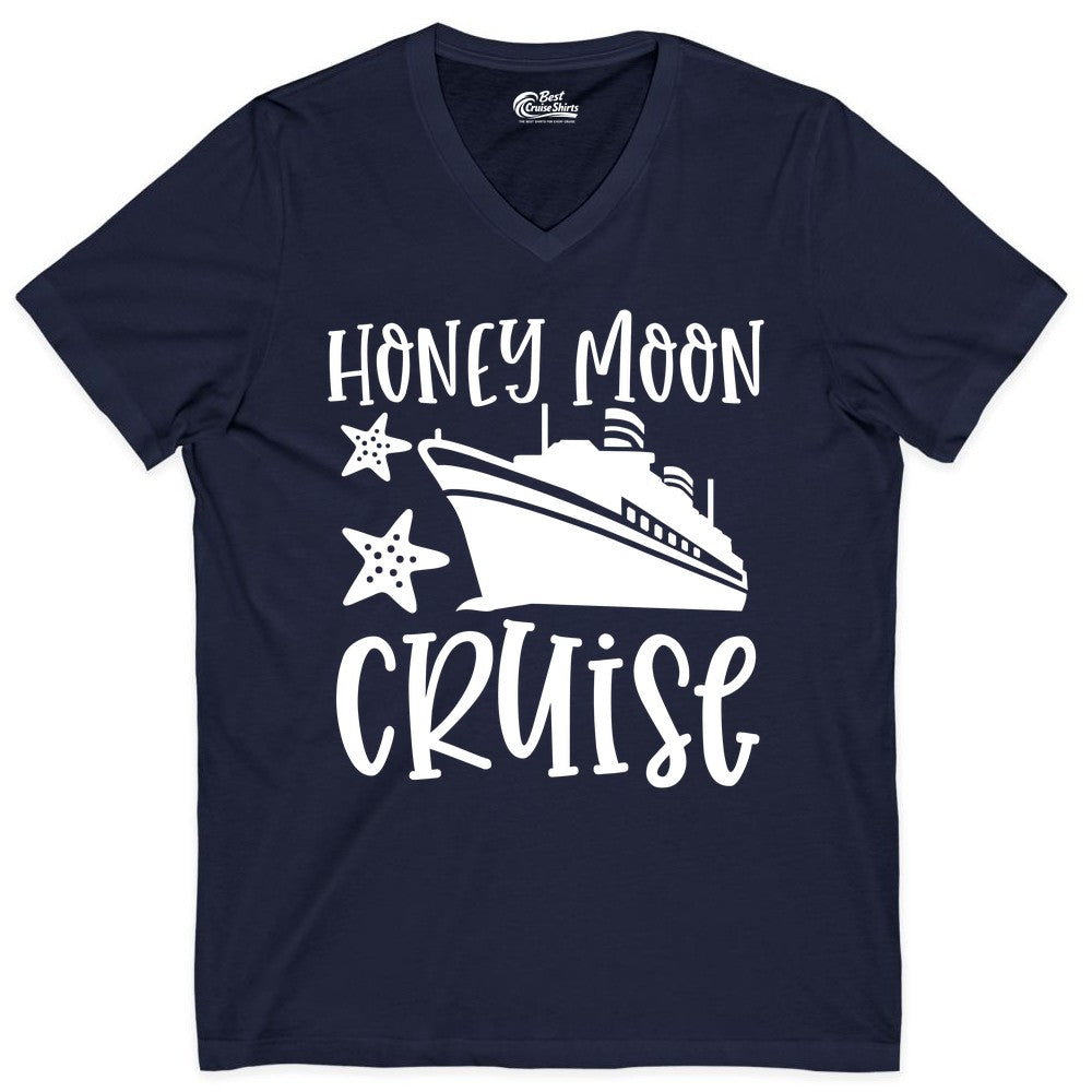 Honeymoon Cruise Shirt - Just Married Vacation Apparel for Couples (V-Neck) in Navy - Honeymoon Cruise Shirt - Nautical Ship and Starfish Newlywed Design