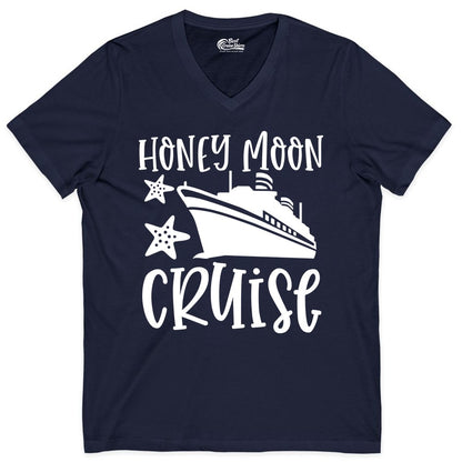 Honeymoon Cruise Shirt - Just Married Vacation Apparel for Couples (V-Neck) in Navy - Honeymoon Cruise Shirt - Nautical Ship and Starfish Newlywed Design