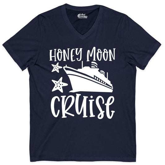 Honeymoon Cruise Shirt - Just Married Vacation Apparel for Couples (V-Neck) in Navy - Honeymoon Cruise Shirt - Nautical Ship and Starfish Newlywed Design
