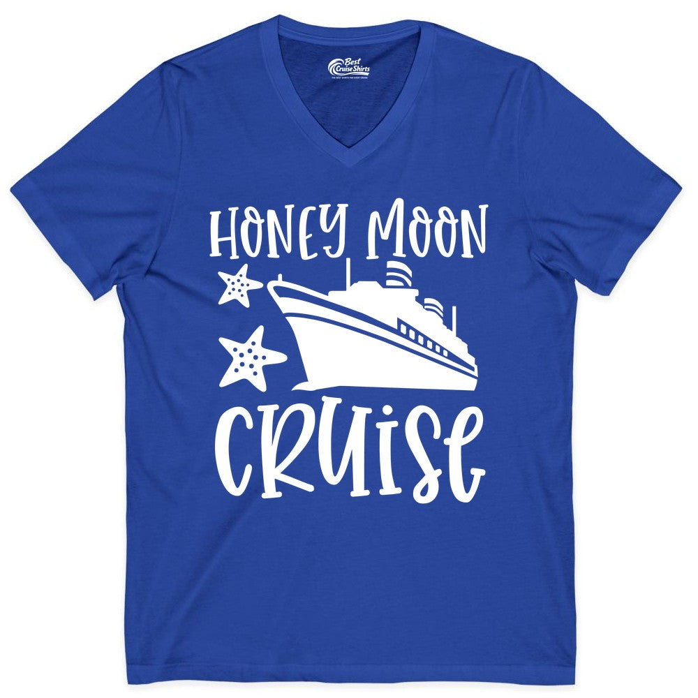 Honeymoon Cruise Shirt - Just Married Vacation Apparel for Couples (V-Neck) in True Royal - Honeymoon Cruise Shirt - Nautical Ship and Starfish Newlywed Design