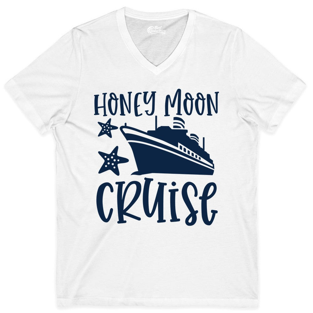 Honeymoon Cruise Shirt - Just Married Vacation Apparel for Couples (V-Neck) in White - Honeymoon Cruise Shirt - Nautical Ship and Starfish Newlywed Design