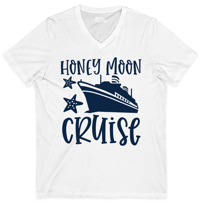 Honeymoon Cruise Shirt - Just Married Vacation Apparel for Couples (V-Neck) in White - Honeymoon Cruise Shirt - Nautical Ship and Starfish Newlywed Design
