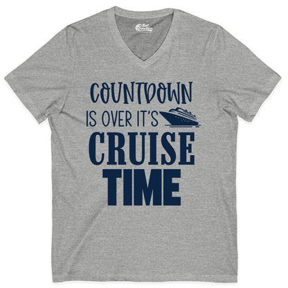 Cruise Time Shirt - Funny Cruise Countdown Vacation Apparel Tee (V-Neck) in Athletic Heather - Countdown Is Over It’s Cruise Time Bold Ship Graphic Shirt
