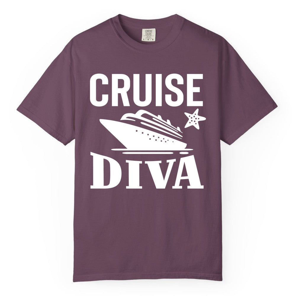Cruise Diva Shirt - Bold Nautical Vacation Apparel for Women (Comfort Color) in Berry - Cruise Diva Shirt - Bold Nautical Block Letters with Cruise Ship Graphic