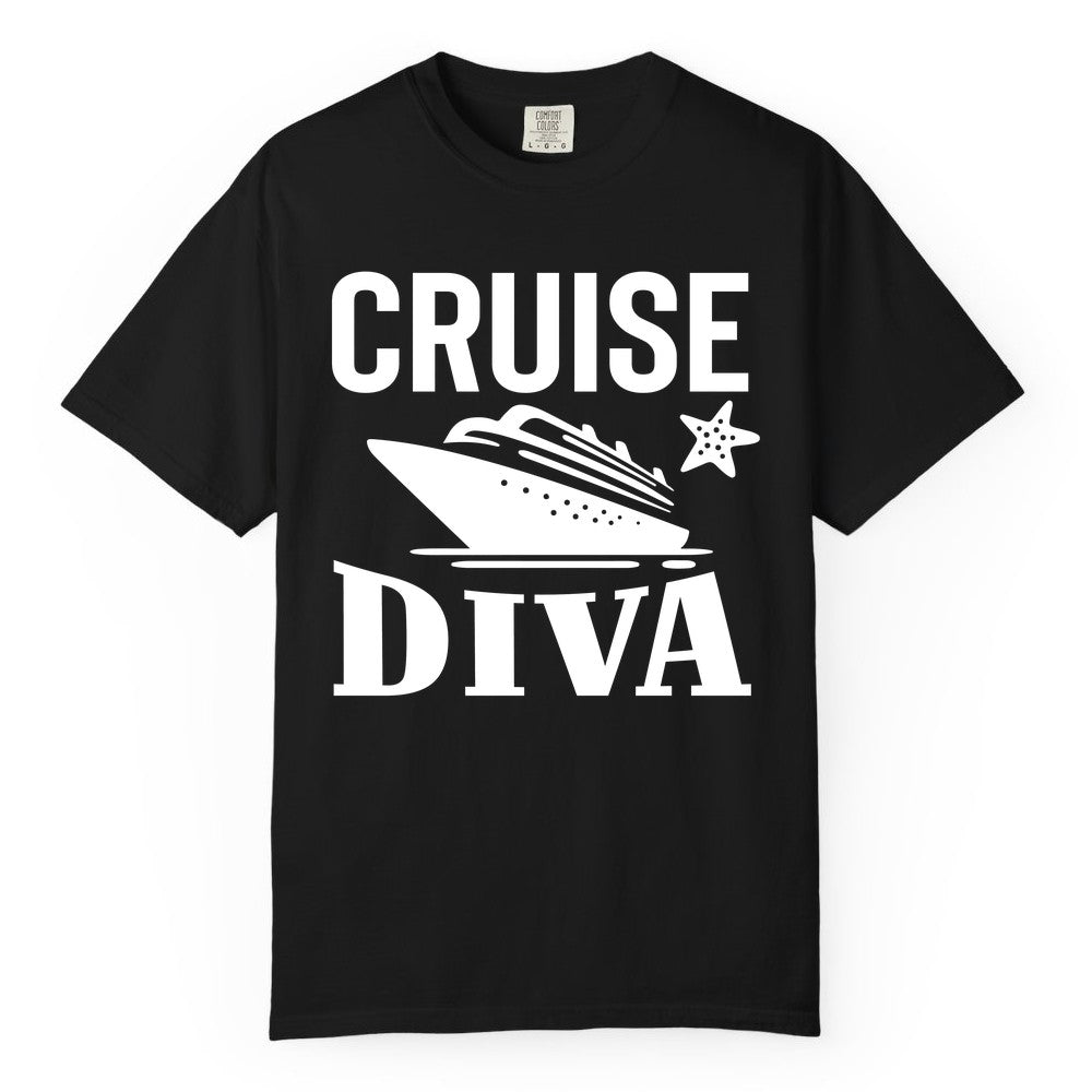 Cruise Diva Shirt - Bold Nautical Vacation Apparel for Women (Comfort Color) in Black - Cruise Diva Shirt - Bold Nautical Block Letters with Cruise Ship Graphic