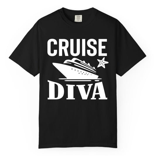 Cruise Diva Shirt - Bold Nautical Vacation Apparel for Women (Comfort Color) in Black - Cruise Diva Shirt - Bold Nautical Block Letters with Cruise Ship Graphic