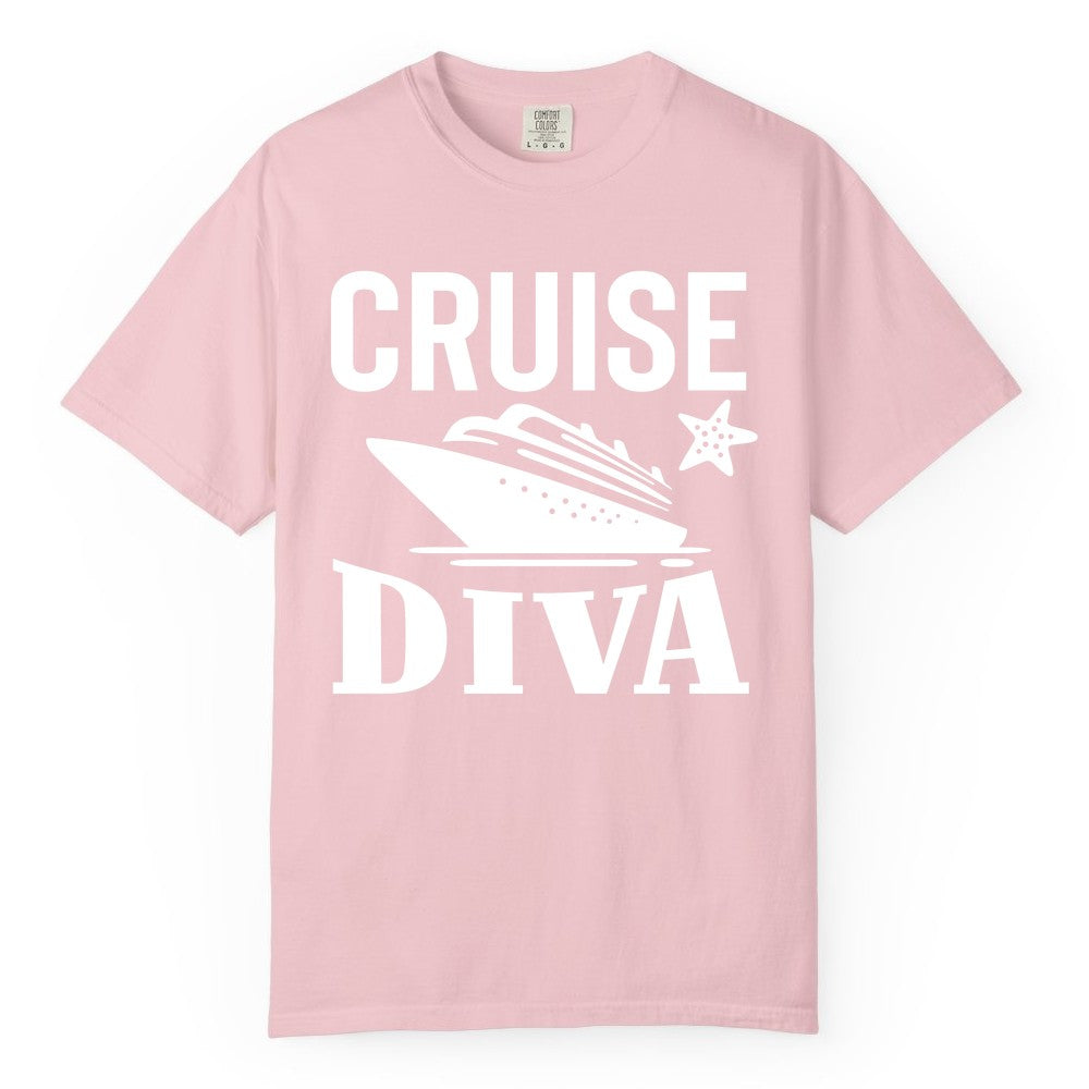 Cruise Diva Shirt - Bold Nautical Vacation Apparel for Women (Comfort Color) in Blossom - Cruise Diva Shirt - Bold Nautical Block Letters with Cruise Ship Graphic