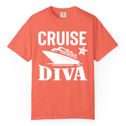 Cruise Diva Shirt - Bold Nautical Vacation Apparel for Women (Comfort Color) in Bright Salmon - Cruise Diva Shirt - Bold Nautical Block Letters with Cruise Ship Graphic