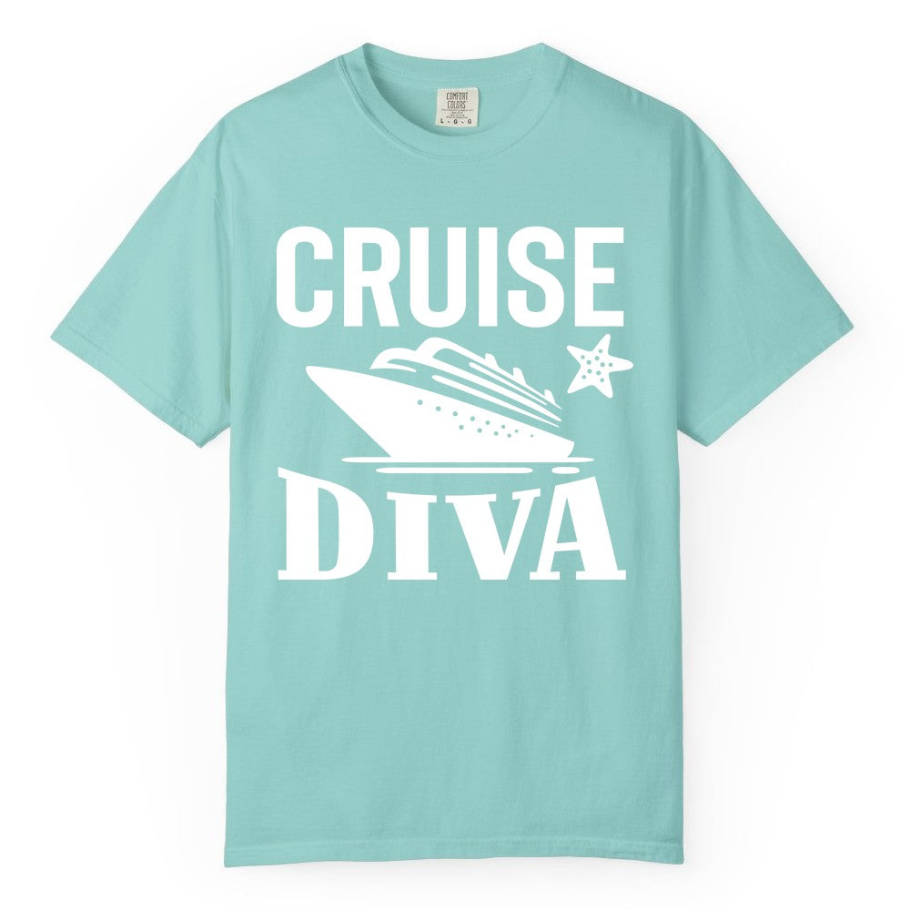 Cruise Diva Shirt - Bold Nautical Vacation Apparel for Women (Comfort Color) in Chalky Mint - Cruise Diva Shirt - Bold Nautical Block Letters with Cruise Ship Graphic