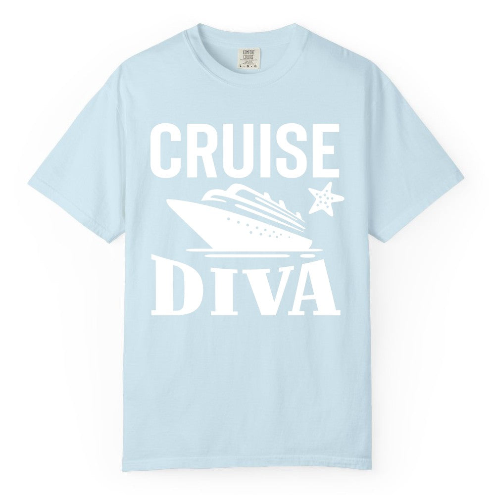 Cruise Diva Shirt - Bold Nautical Vacation Apparel for Women (Comfort Color) in Chambray - Cruise Diva Shirt - Bold Nautical Block Letters with Cruise Ship Graphic